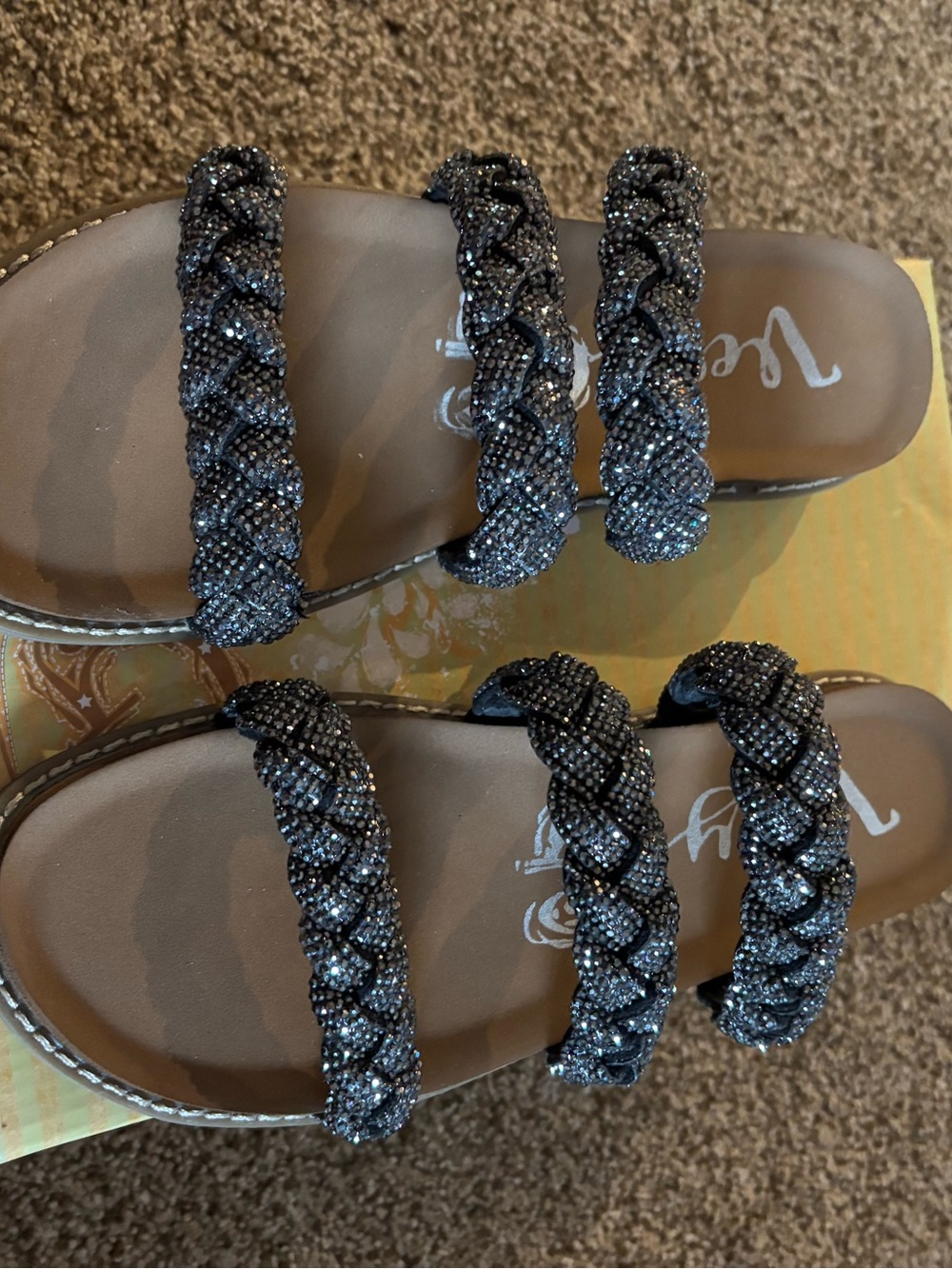 Stacia Bedazzled Embellished Braided Black Crystal Slide Sandals. Very G. 9 - Picture 4 of 5